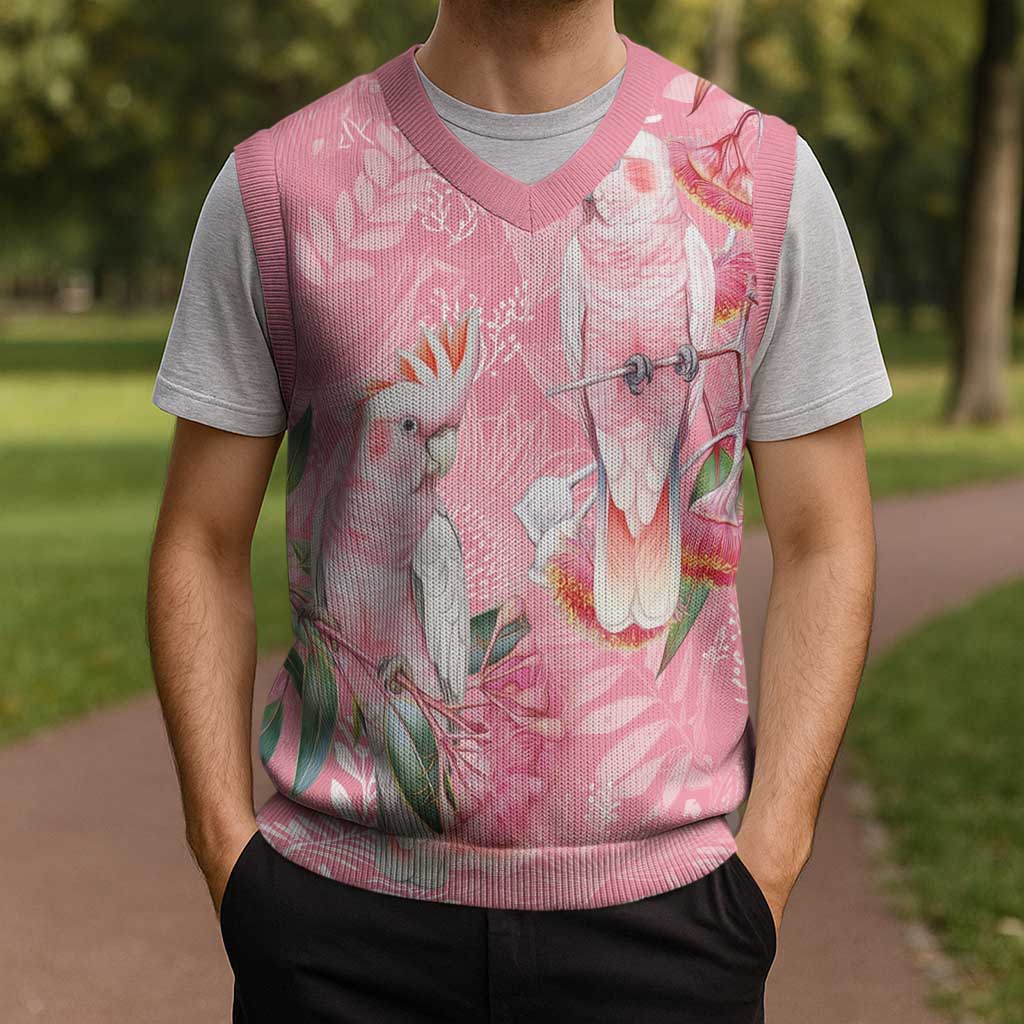 Personalised Galah Cockatoo Eucalyptus Flowers Christmas Knitted V-Neck Vest Australian Breast Cancer Spirit - Aussie Hoodie