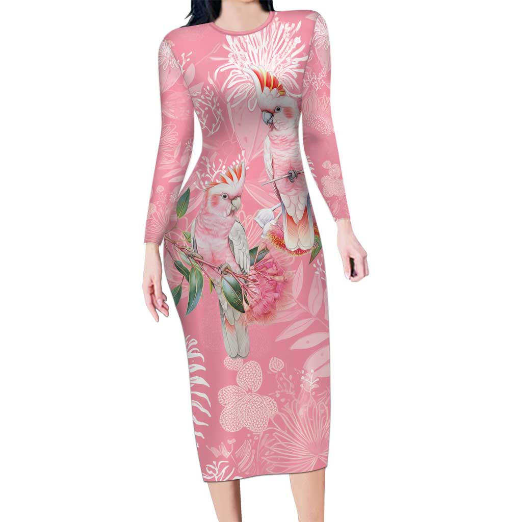 Personalised Galah Cockatoo Eucalyptus Flowers Long Sleeve Bodycon Dress Australian Breast Cancer Spirit - Aussie Hoodie