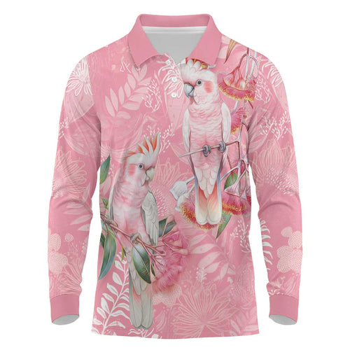 Personalised Galah Cockatoo Eucalyptus Flowers Long Sleeve Polo Shirt Australian Breast Cancer Spirit - Aussie Hoodie