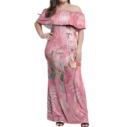 Personalised Galah Cockatoo Eucalyptus Flowers Off Shoulder Maxi Dress Australian Breast Cancer Spirit - Aussie Hoodie