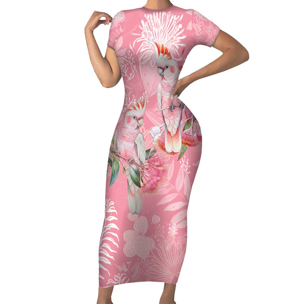 Personalised Galah Cockatoo Eucalyptus Flowers Short Sleeve Bodycon Dress Australian Breast Cancer Spirit - Aussie Hoodie