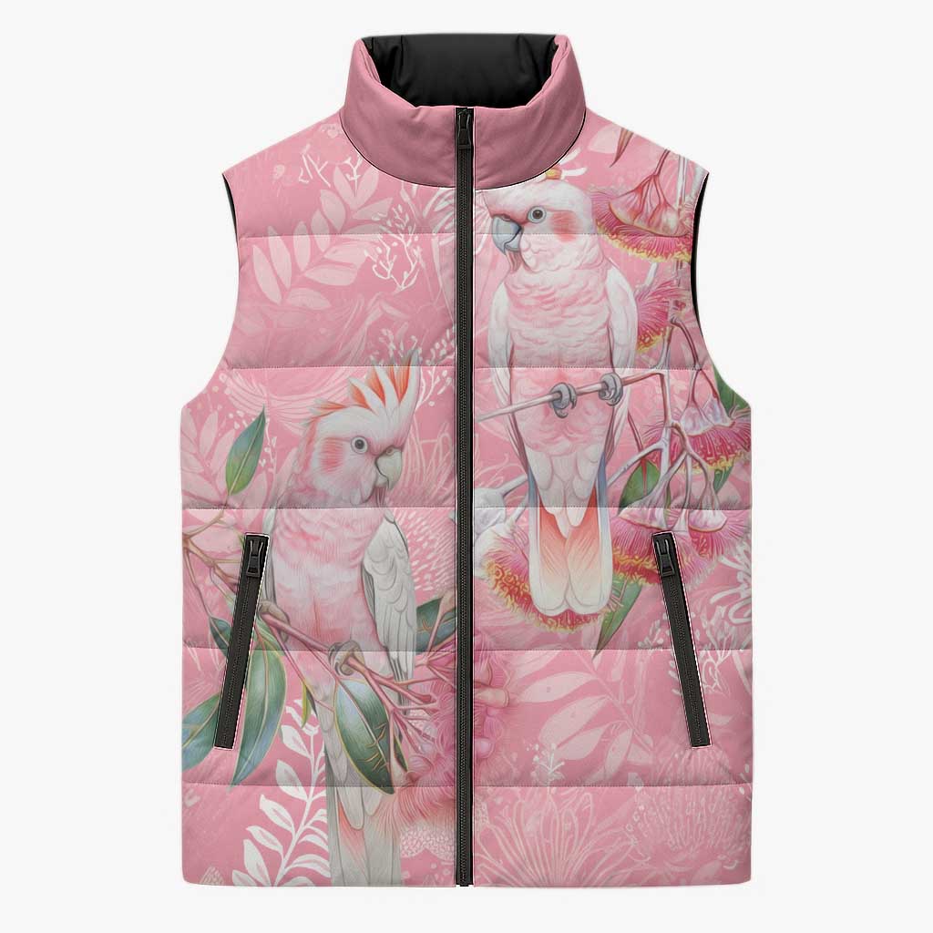 Personalised Galah Cockatoo Eucalyptus Flowers Sleeveless Puffer Jacket Australian Breast Cancer Spirit - Aussie Hoodie