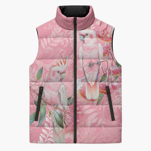 Personalised Galah Cockatoo Eucalyptus Flowers Sleeveless Puffer Jacket Australian Breast Cancer Spirit - Aussie Hoodie