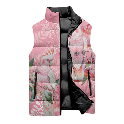 Personalised Galah Cockatoo Eucalyptus Flowers Sleeveless Puffer Jacket Australian Breast Cancer Spirit - Aussie Hoodie
