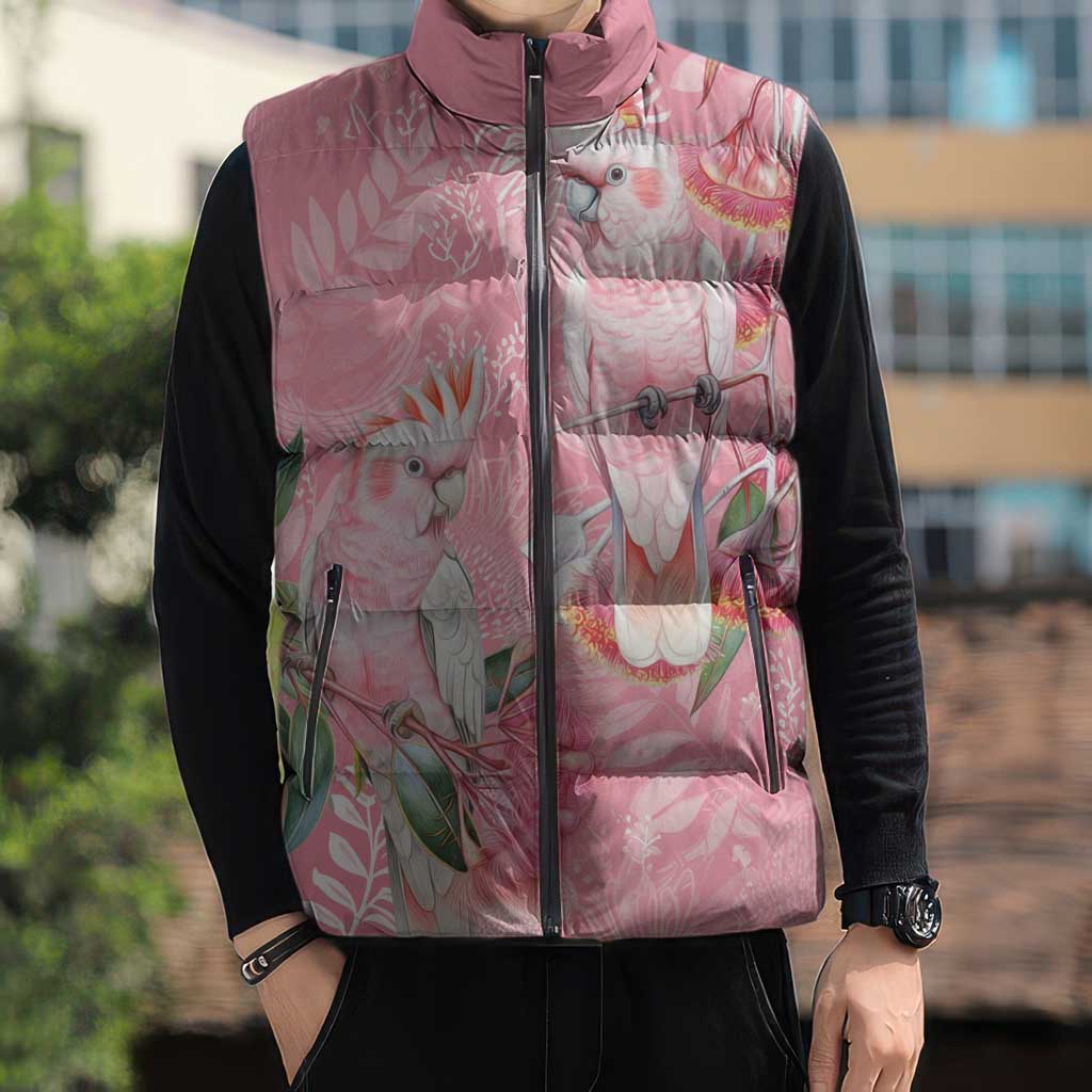 Personalised Galah Cockatoo Eucalyptus Flowers Sleeveless Puffer Jacket Australian Breast Cancer Spirit - Aussie Hoodie
