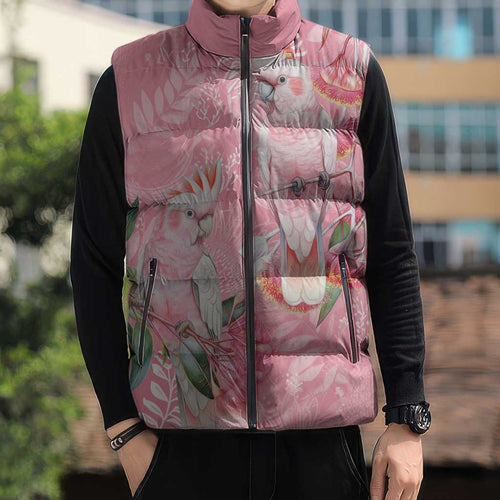 Personalised Galah Cockatoo Eucalyptus Flowers Sleeveless Puffer Jacket Australian Breast Cancer Spirit - Aussie Hoodie