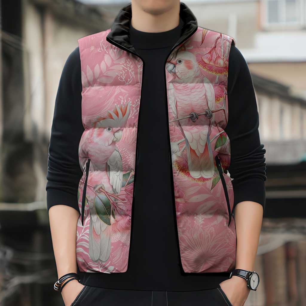 Personalised Galah Cockatoo Eucalyptus Flowers Sleeveless Puffer Jacket Australian Breast Cancer Spirit - Aussie Hoodie