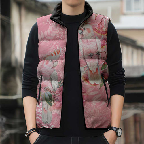 Personalised Galah Cockatoo Eucalyptus Flowers Sleeveless Puffer Jacket Australian Breast Cancer Spirit - Aussie Hoodie