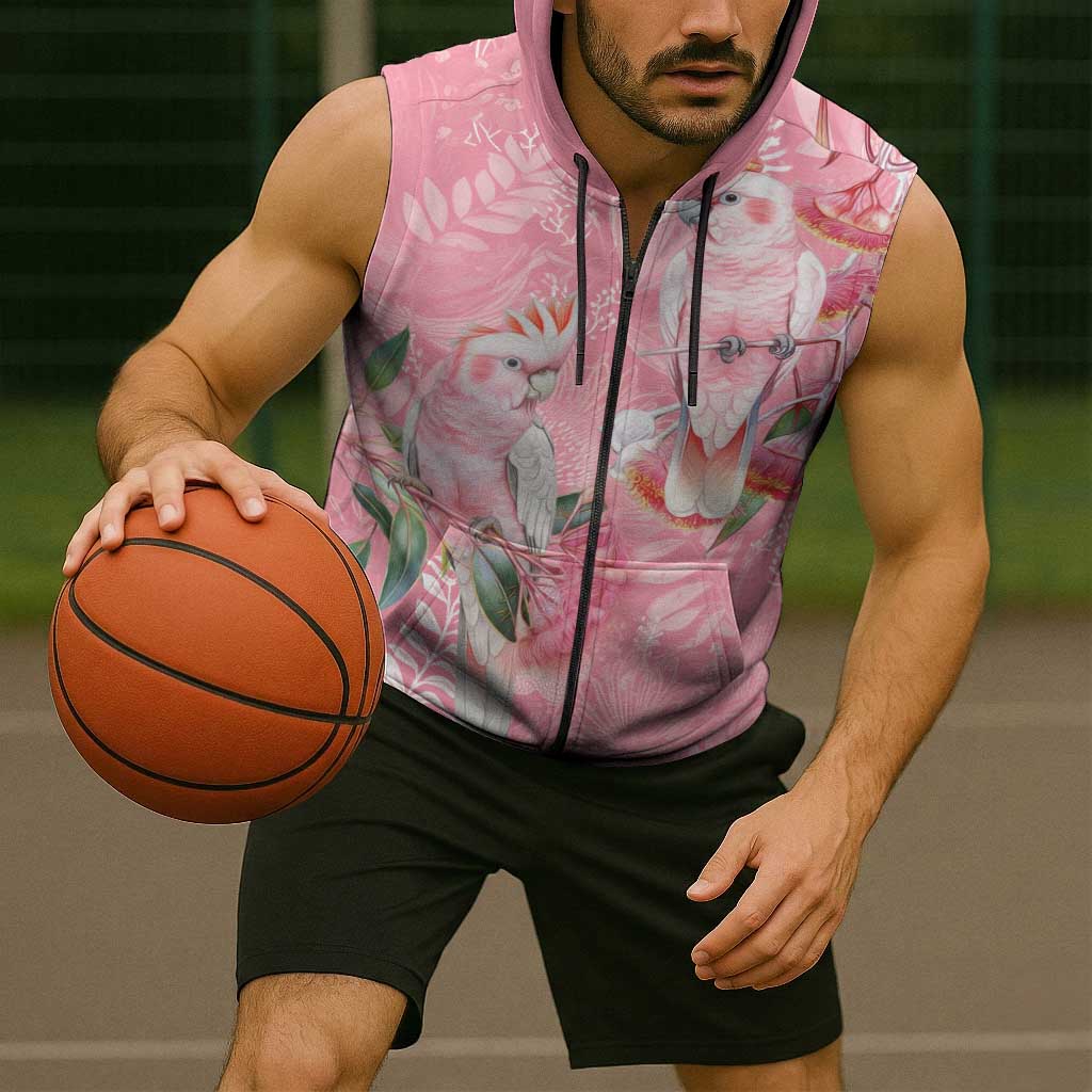 Personalised Galah Cockatoo Eucalyptus Flowers Sleeveless Zip Hoodie Australian Breast Cancer Spirit LT9