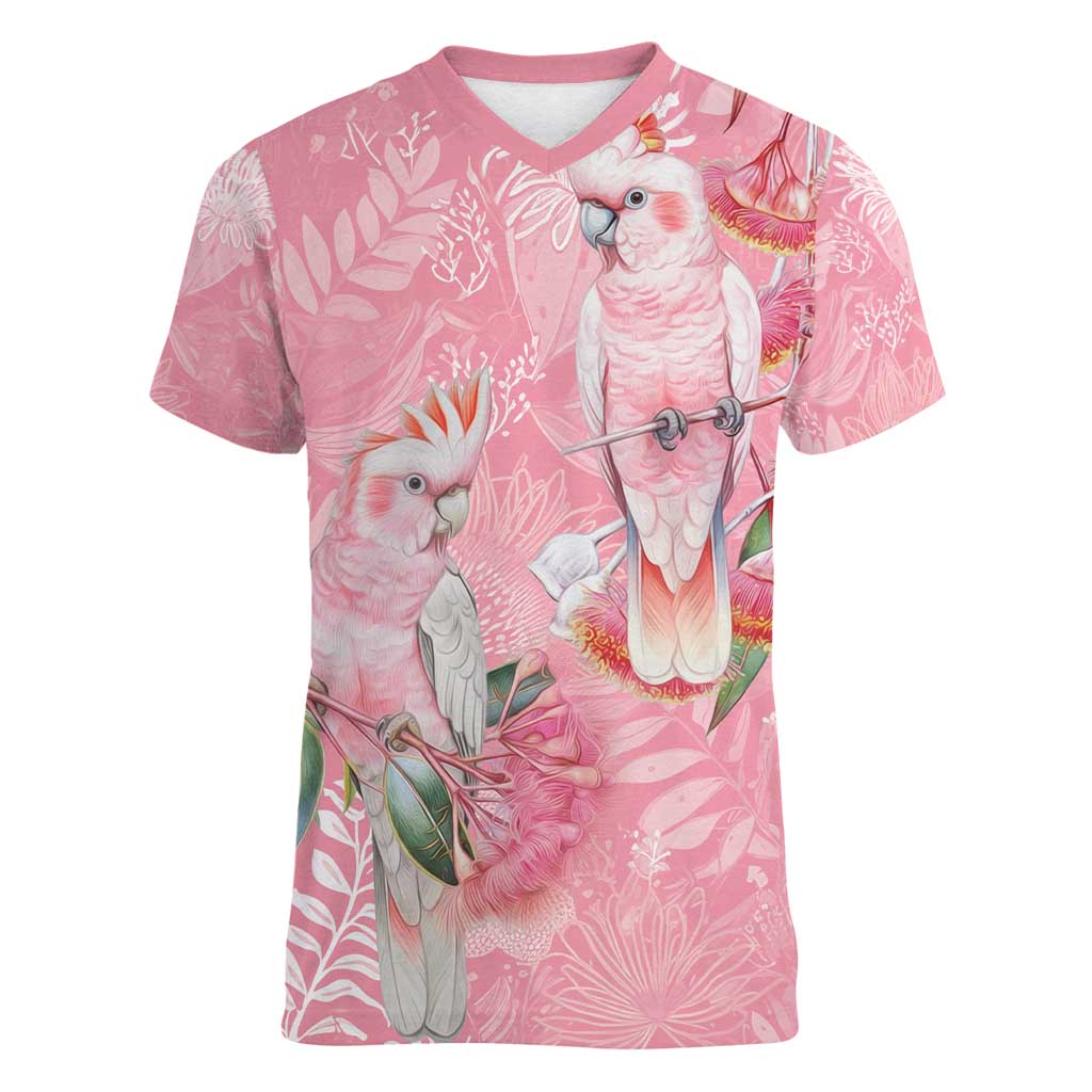 Personalised Galah Cockatoo Eucalyptus Flowers Women V-Neck T-Shirt Australian Breast Cancer Spirit - Aussie Hoodie