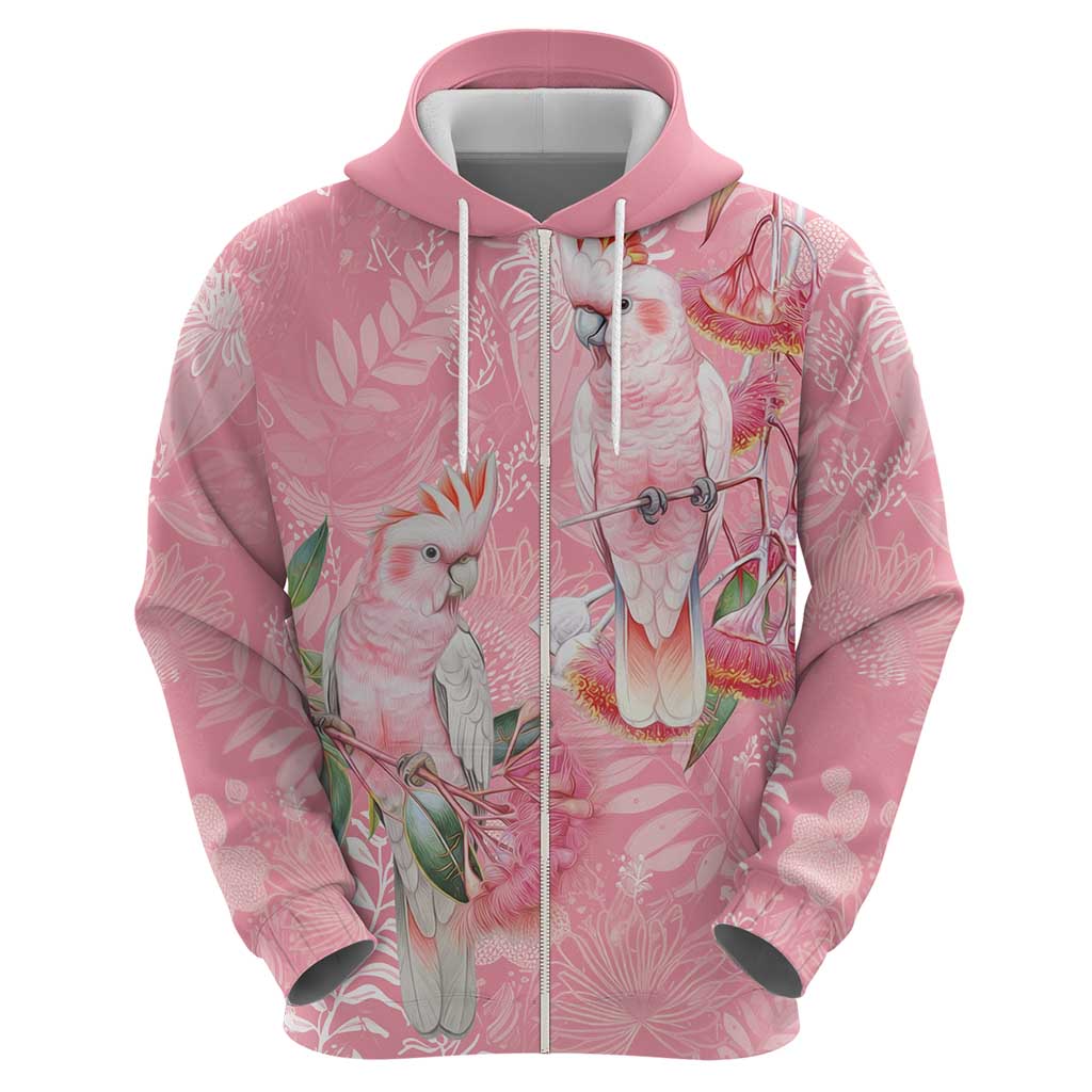 Personalised Galah Cockatoo Eucalyptus Flowers Zip Hoodie Australian Breast Cancer Spirit - Aussie Hoodie