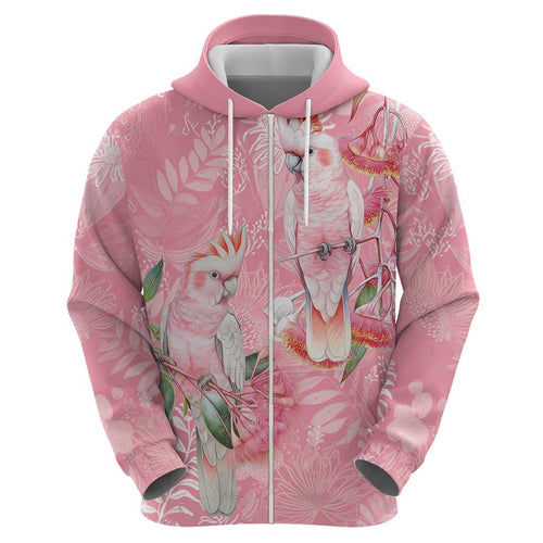 Personalised Galah Cockatoo Eucalyptus Flowers Zip Hoodie Australian Breast Cancer Spirit - Aussie Hoodie