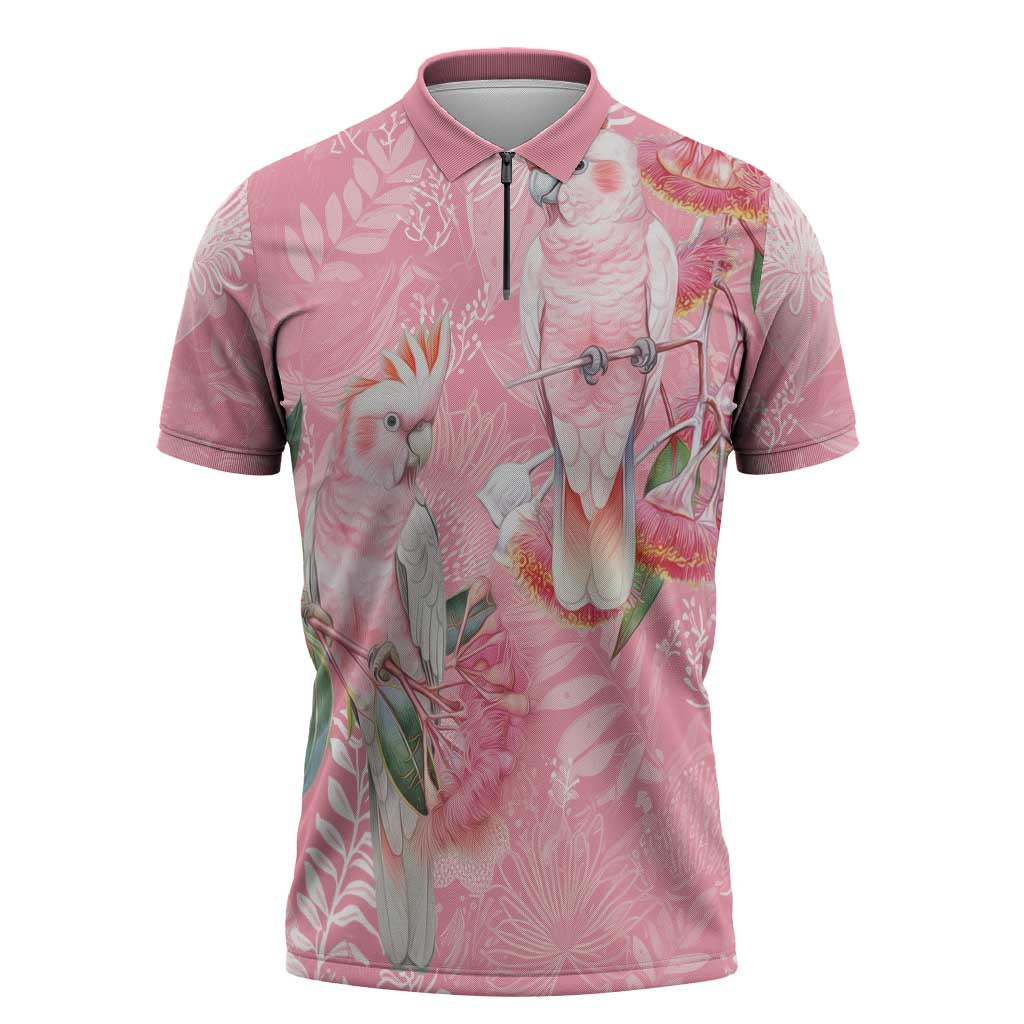 Personalised Galah Cockatoo Eucalyptus Flowers Zipper Polo Shirt Australian Breast Cancer Spirit - Aussie Hoodie