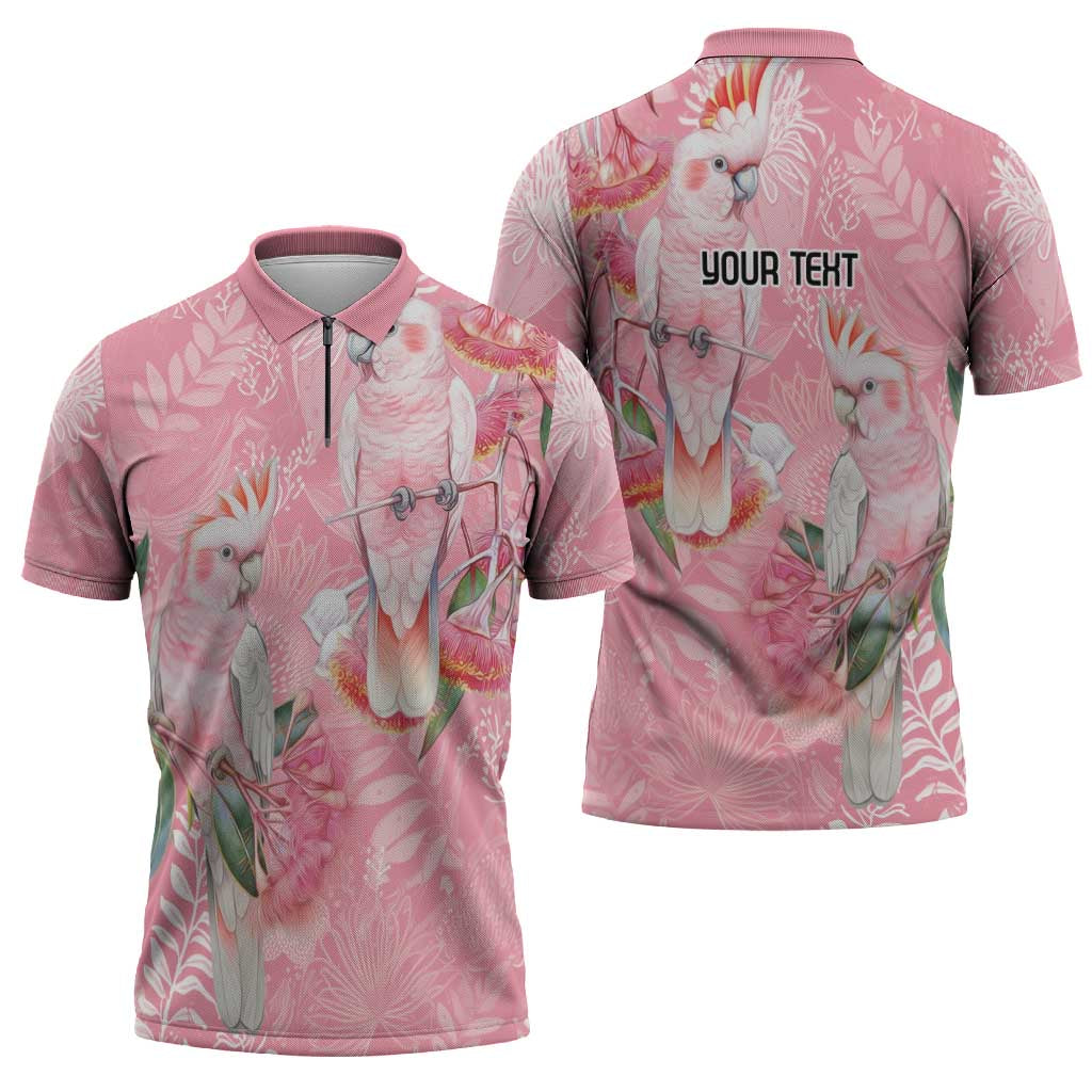 Personalised Galah Cockatoo Eucalyptus Flowers Zipper Polo Shirt Australian Breast Cancer Spirit - Aussie Hoodie