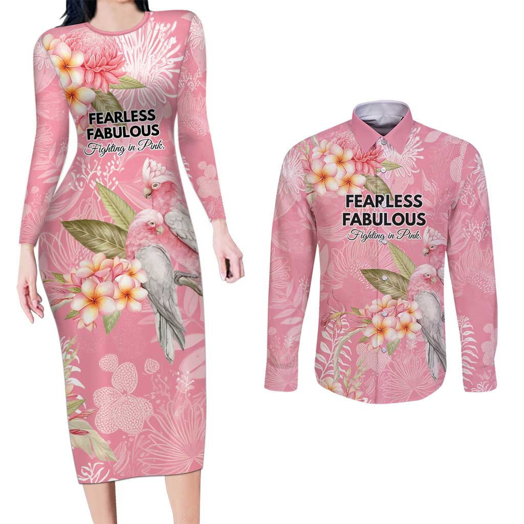 Personalised Galah Cockatoo Fighting in Pink Couples Matching Long Sleeve Bodycon Dress and Long Sleeve Button Shirt Australian Breast Cancer Spirit - Aussie Hoodie