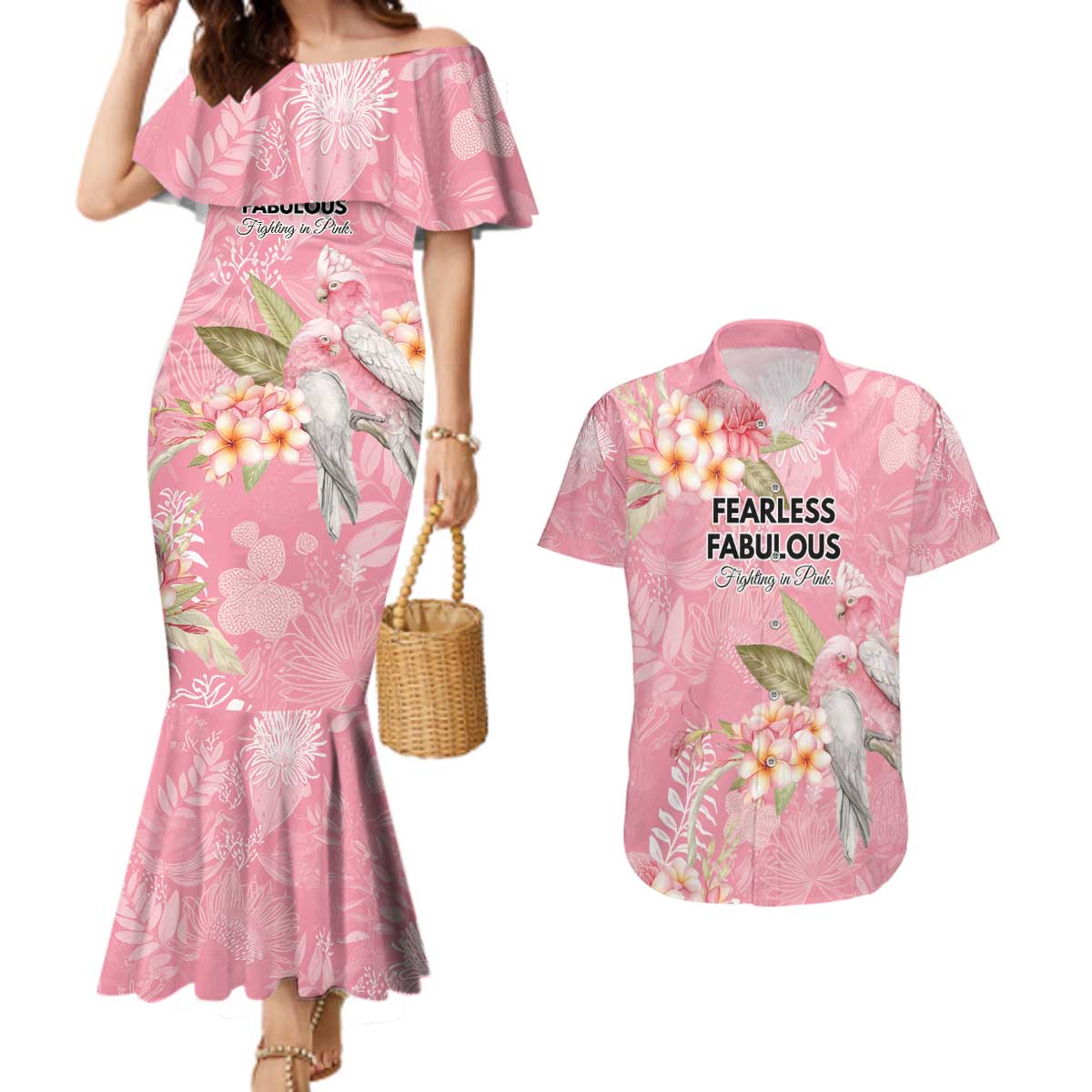 Personalised Galah Cockatoo Fighting in Pink Couples Matching Mermaid Dress and Hawaiian Shirt Australian Breast Cancer Spirit - Aussie Hoodie