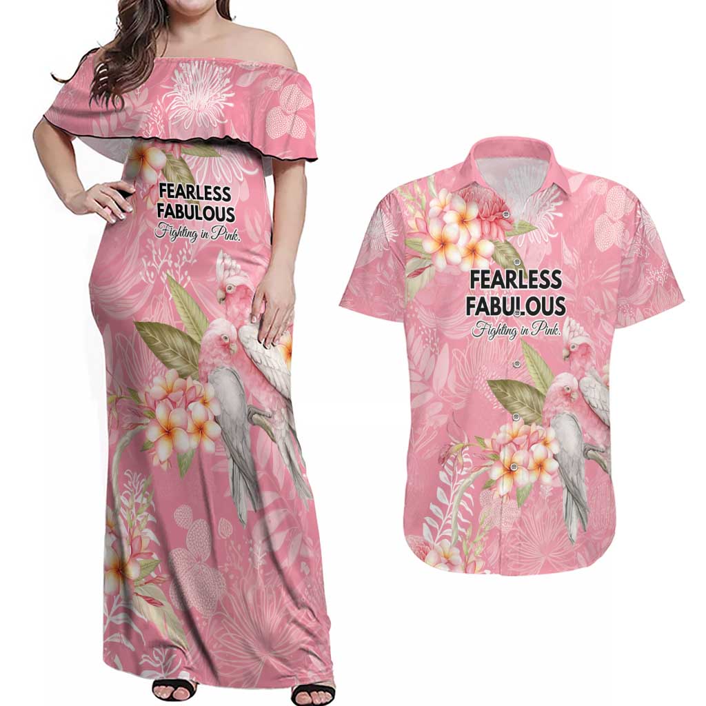 Personalised Galah Cockatoo Fighting in Pink Couples Matching Off Shoulder Maxi Dress and Hawaiian Shirt Australian Breast Cancer Spirit - Aussie Hoodie