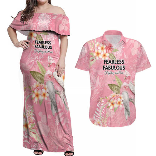 Personalised Galah Cockatoo Fighting in Pink Couples Matching Off Shoulder Maxi Dress and Hawaiian Shirt Australian Breast Cancer Spirit - Aussie Hoodie