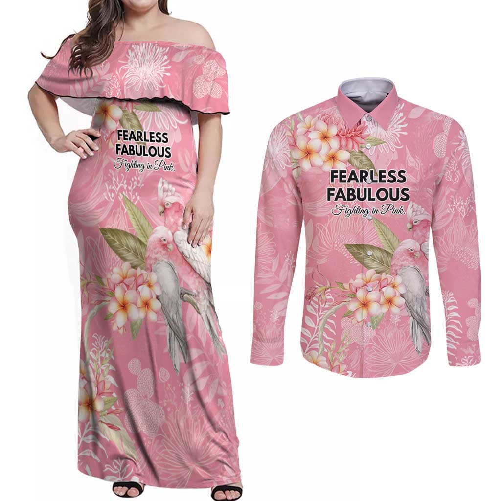 Personalised Galah Cockatoo Fighting in Pink Couples Matching Off Shoulder Maxi Dress and Long Sleeve Button Shirt Australian Breast Cancer Spirit - Aussie Hoodie