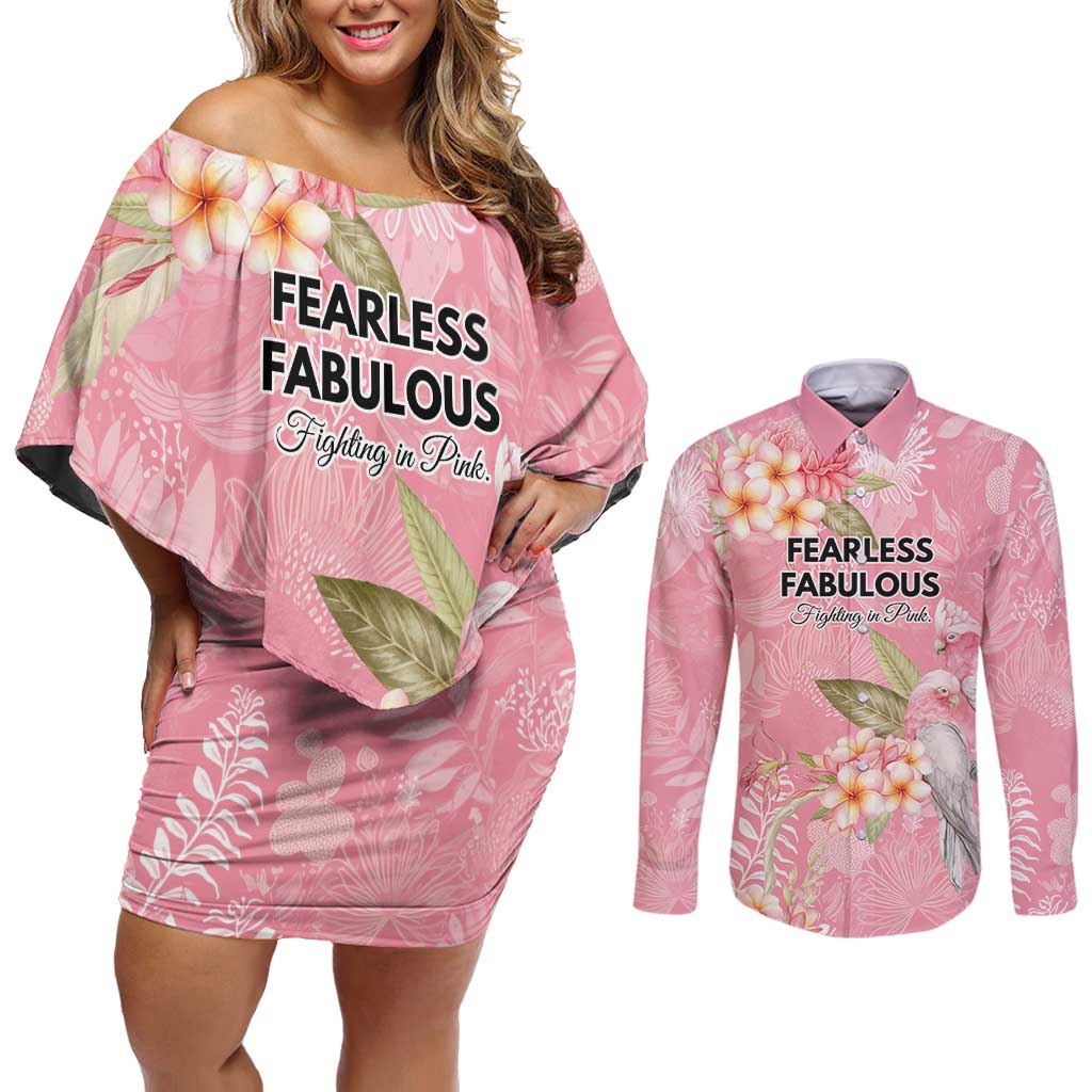 Personalised Galah Cockatoo Fighting in Pink Couples Matching Off Shoulder Short Dress and Long Sleeve Button Shirt Australian Breast Cancer Spirit - Aussie Hoodie