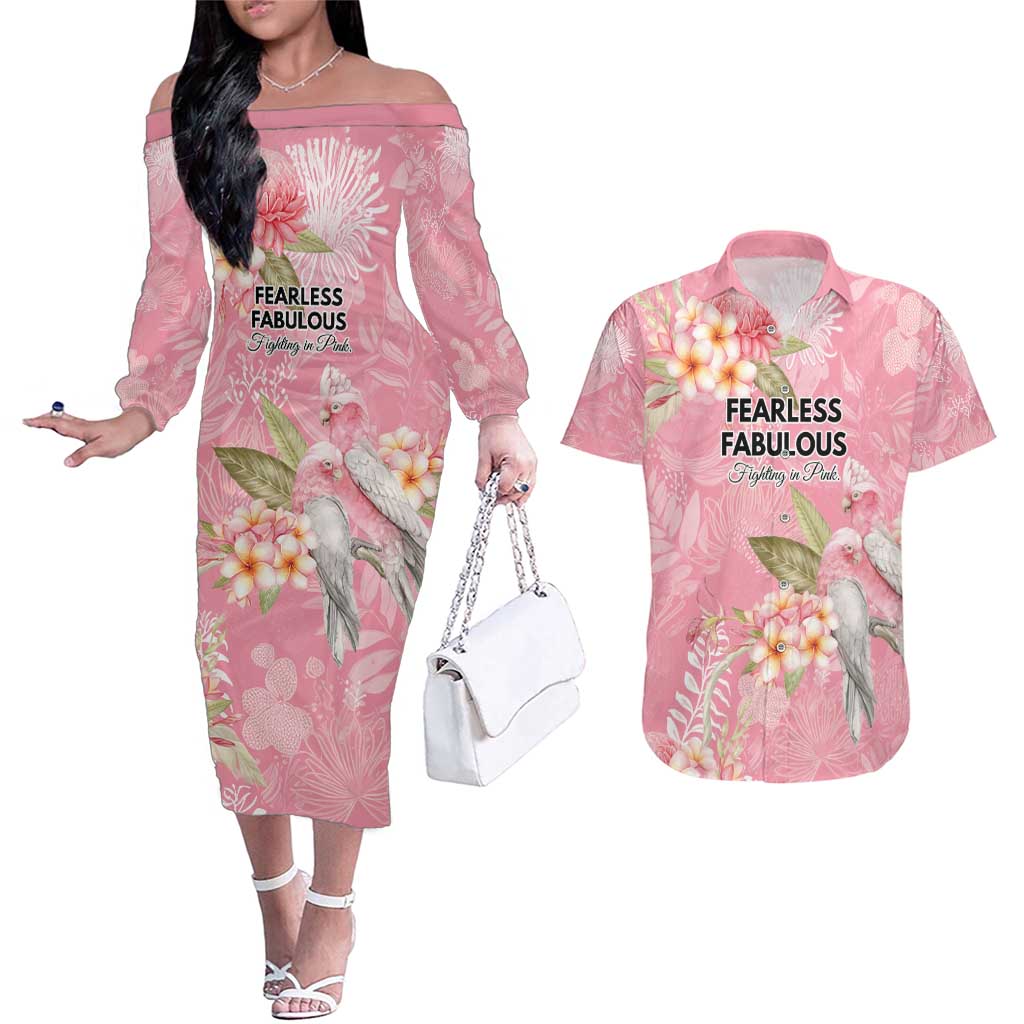 Personalised Galah Cockatoo Fighting in Pink Couples Matching Off The Shoulder Long Sleeve Dress and Hawaiian Shirt Australian Breast Cancer Spirit - Aussie Hoodie