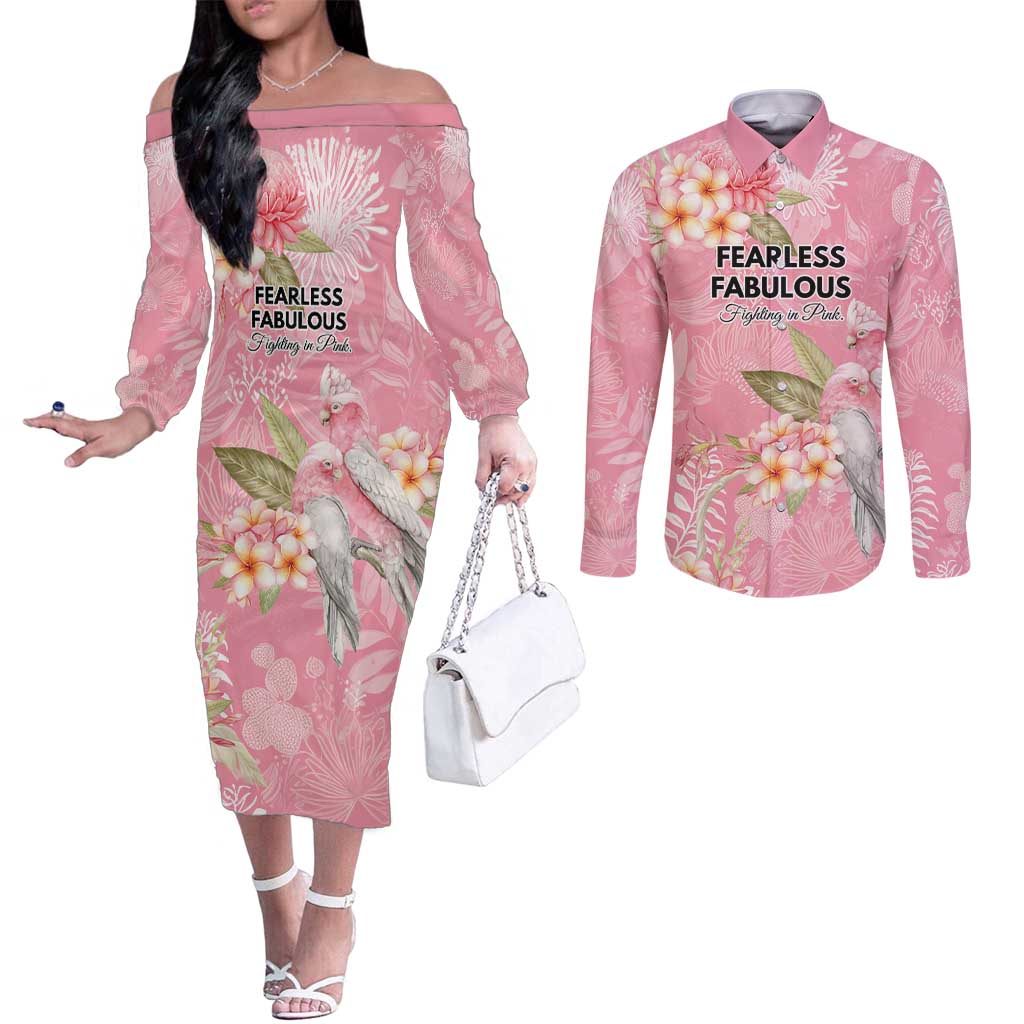 Personalised Galah Cockatoo Fighting in Pink Couples Matching Off The Shoulder Long Sleeve Dress and Long Sleeve Button Shirt Australian Breast Cancer Spirit - Aussie Hoodie