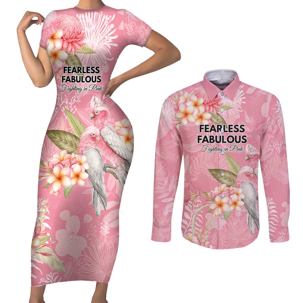 Personalised Galah Cockatoo Fighting in Pink Couples Matching Short Sleeve Bodycon Dress and Long Sleeve Button Shirt Australian Breast Cancer Spirit - Aussie Hoodie