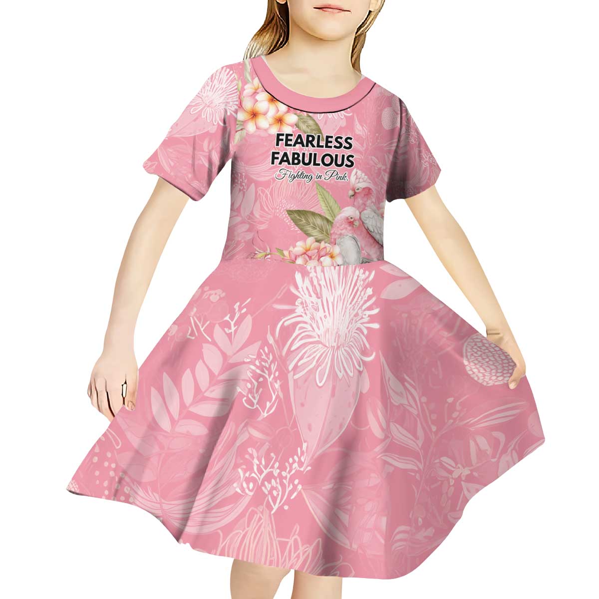 Personalised Galah Cockatoo Fighting in Pink Kid Short Sleeve Dress Australian Breast Cancer Spirit - Aussie Hoodie