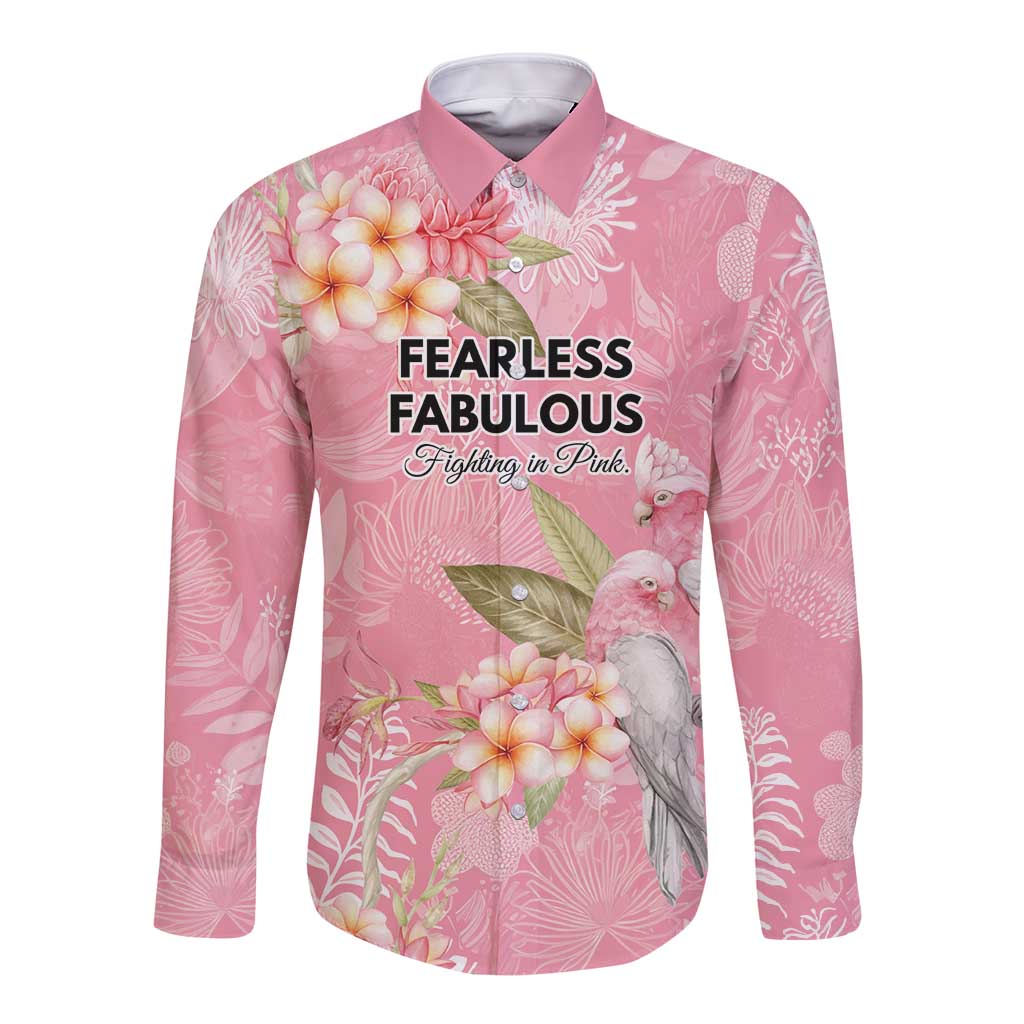Personalised Galah Cockatoo Fighting in Pink Long Sleeve Button Shirt Australian Breast Cancer Spirit - Aussie Hoodie