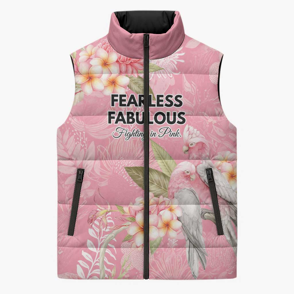 Personalised Galah Cockatoo Fighting in Pink Sleeveless Puffer Jacket Australian Breast Cancer Spirit - Aussie Hoodie