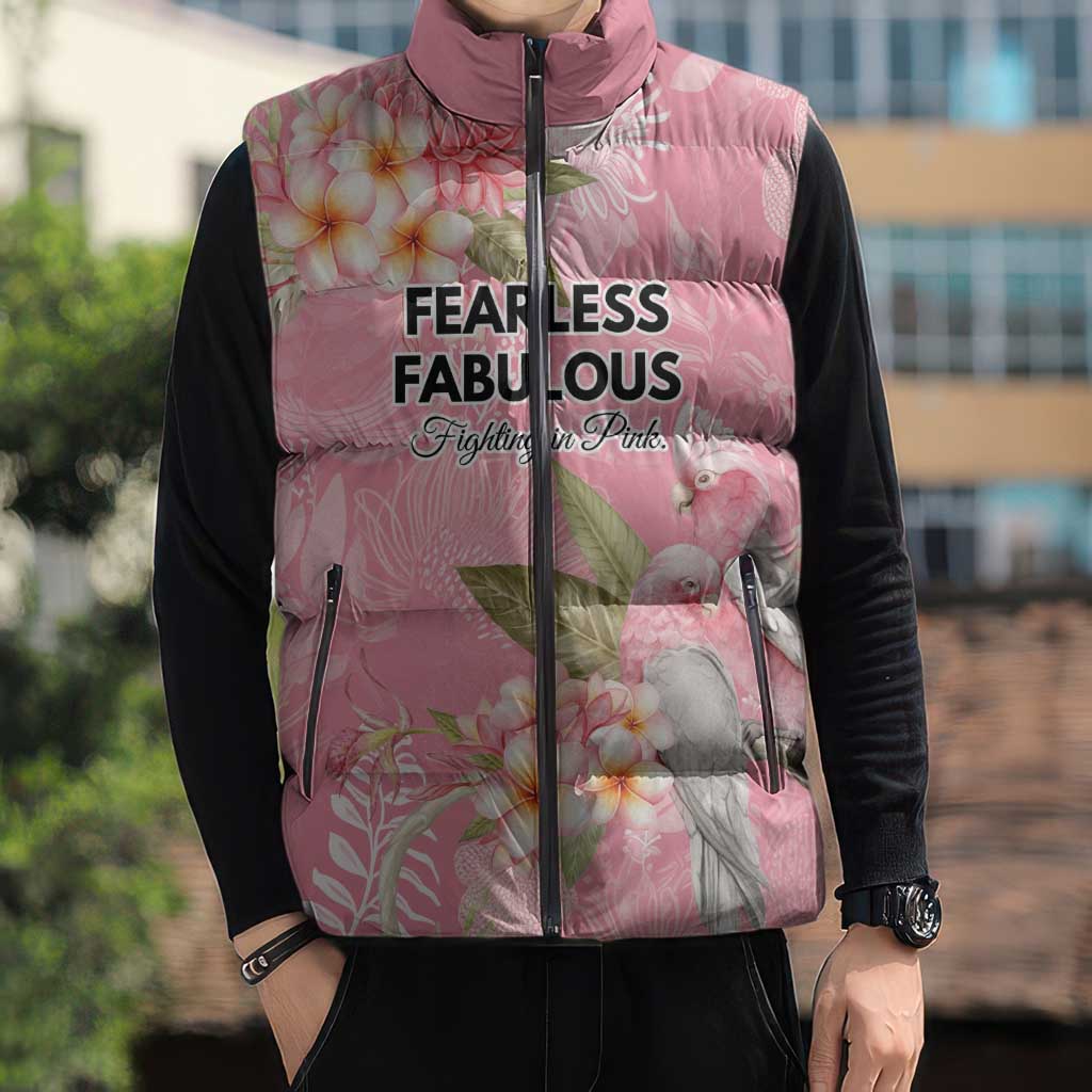 Personalised Galah Cockatoo Fighting in Pink Sleeveless Puffer Jacket Australian Breast Cancer Spirit - Aussie Hoodie