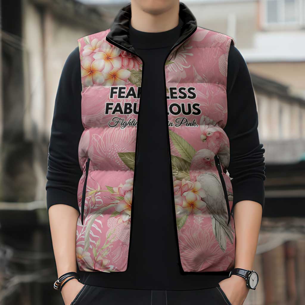 Personalised Galah Cockatoo Fighting in Pink Sleeveless Puffer Jacket Australian Breast Cancer Spirit - Aussie Hoodie
