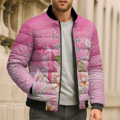 Personalised I Wear Pink For The Fight Bomber Puffer Jacket Australian Breast Cancer Spirit - Aussie Hoodie