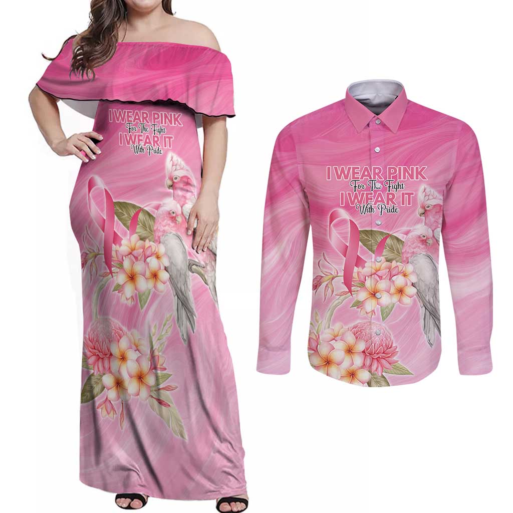 Personalised I Wear Pink For The Fight Couples Matching Off Shoulder Maxi Dress and Long Sleeve Button Shirt Australian Breast Cancer Spirit - Aussie Hoodie