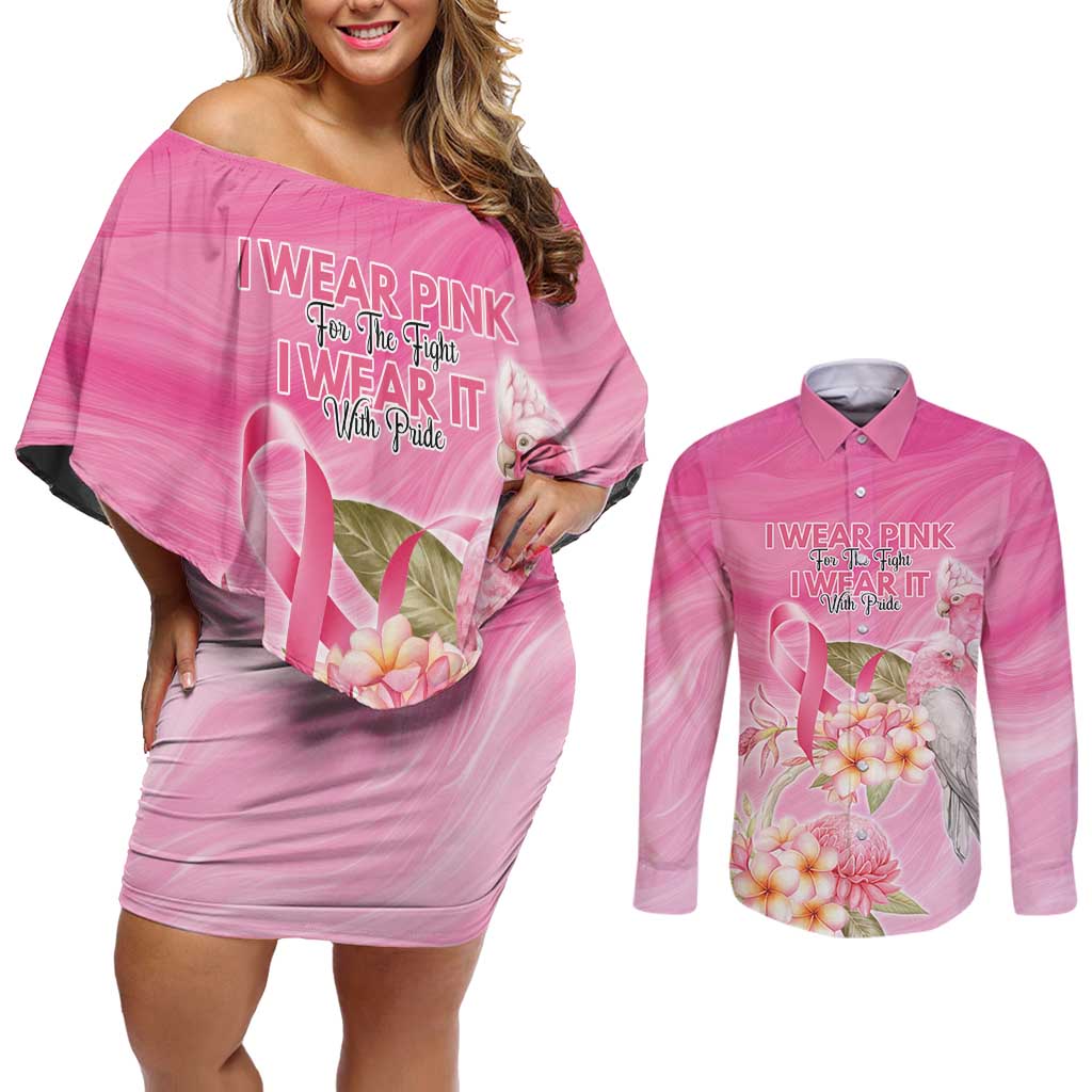 Personalised I Wear Pink For The Fight Couples Matching Off Shoulder Short Dress and Long Sleeve Button Shirt Australian Breast Cancer Spirit - Aussie Hoodie