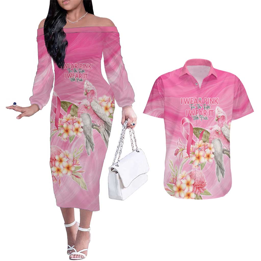Personalised I Wear Pink For The Fight Couples Matching Off The Shoulder Long Sleeve Dress and Hawaiian Shirt Australian Breast Cancer Spirit - Aussie Hoodie