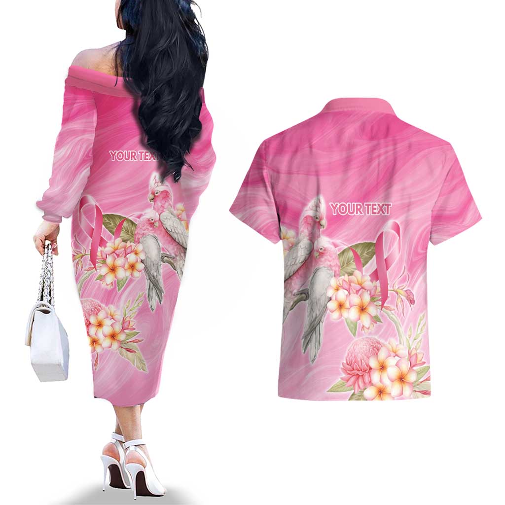 Personalised I Wear Pink For The Fight Couples Matching Off The Shoulder Long Sleeve Dress and Hawaiian Shirt Australian Breast Cancer Spirit - Aussie Hoodie