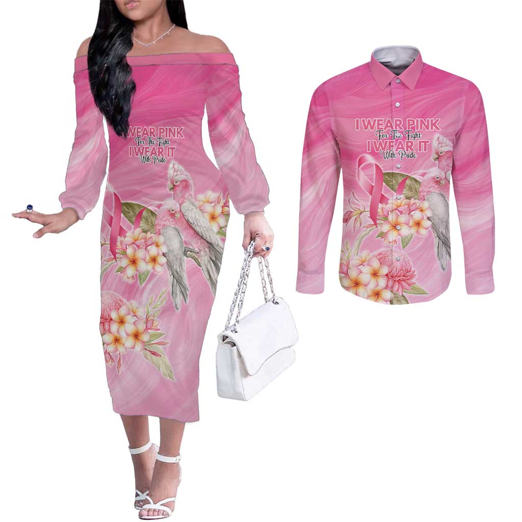 Personalised I Wear Pink For The Fight Couples Matching Off The Shoulder Long Sleeve Dress and Long Sleeve Button Shirt Australian Breast Cancer Spirit - Aussie Hoodie