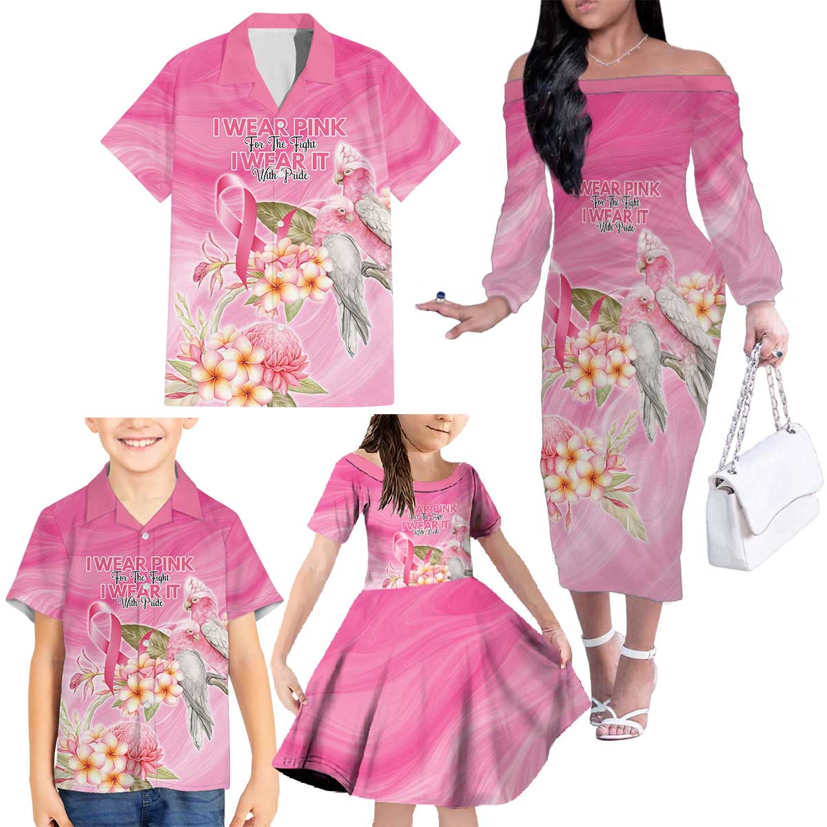 Personalised I Wear Pink For The Fight Family Matching Off The Shoulder Long Sleeve Dress and Hawaiian Shirt Australian Breast Cancer Spirit - Aussie Hoodie