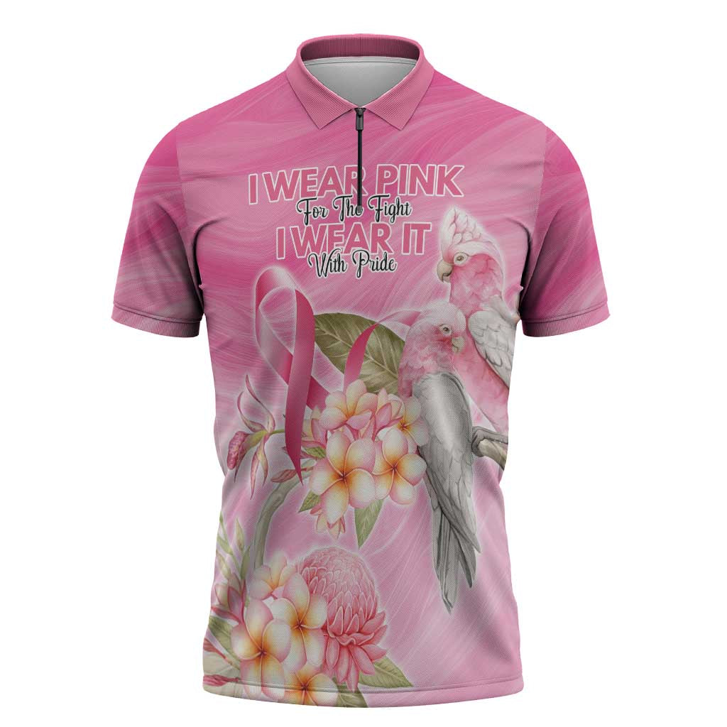Personalised I Wear Pink For The Fight Zipper Polo Shirt Australian Breast Cancer Spirit - Aussie Hoodie