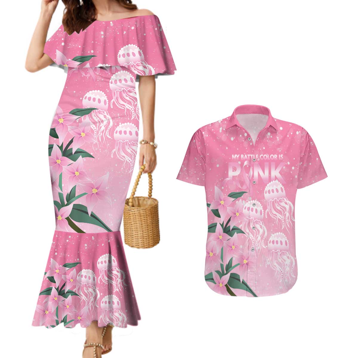 Personalised Pink Boronia of Hope Couples Matching Mermaid Dress and Hawaiian Shirt Australia’s Fight Against Breast Cancer - Aussie Hoodie