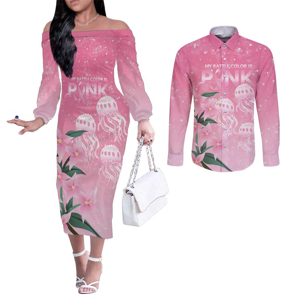 Personalised Pink Boronia of Hope Couples Matching Off The Shoulder Long Sleeve Dress and Long Sleeve Button Shirt Australia’s Fight Against Breast Cancer - Aussie Hoodie