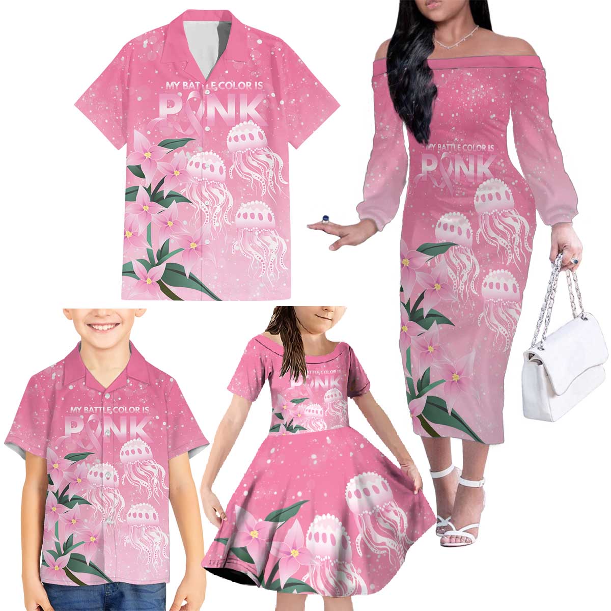Personalised Pink Boronia of Hope Family Matching Off The Shoulder Long Sleeve Dress and Hawaiian Shirt Australia’s Fight Against Breast Cancer - Aussie Hoodie