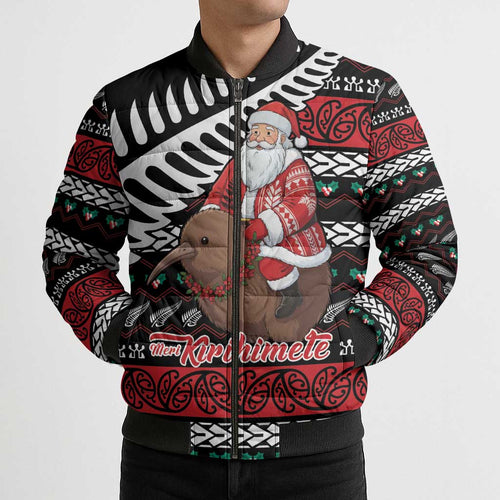 New Zealand Kiwi Santa Christmas Bomber Puffer Jacket He Wairua Kirihimete - Aussie Hoodie