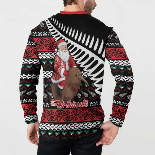 New Zealand Kiwi Santa Christmas Button Sweatshirt He Wairua Kirihimete - Aussie Hoodie