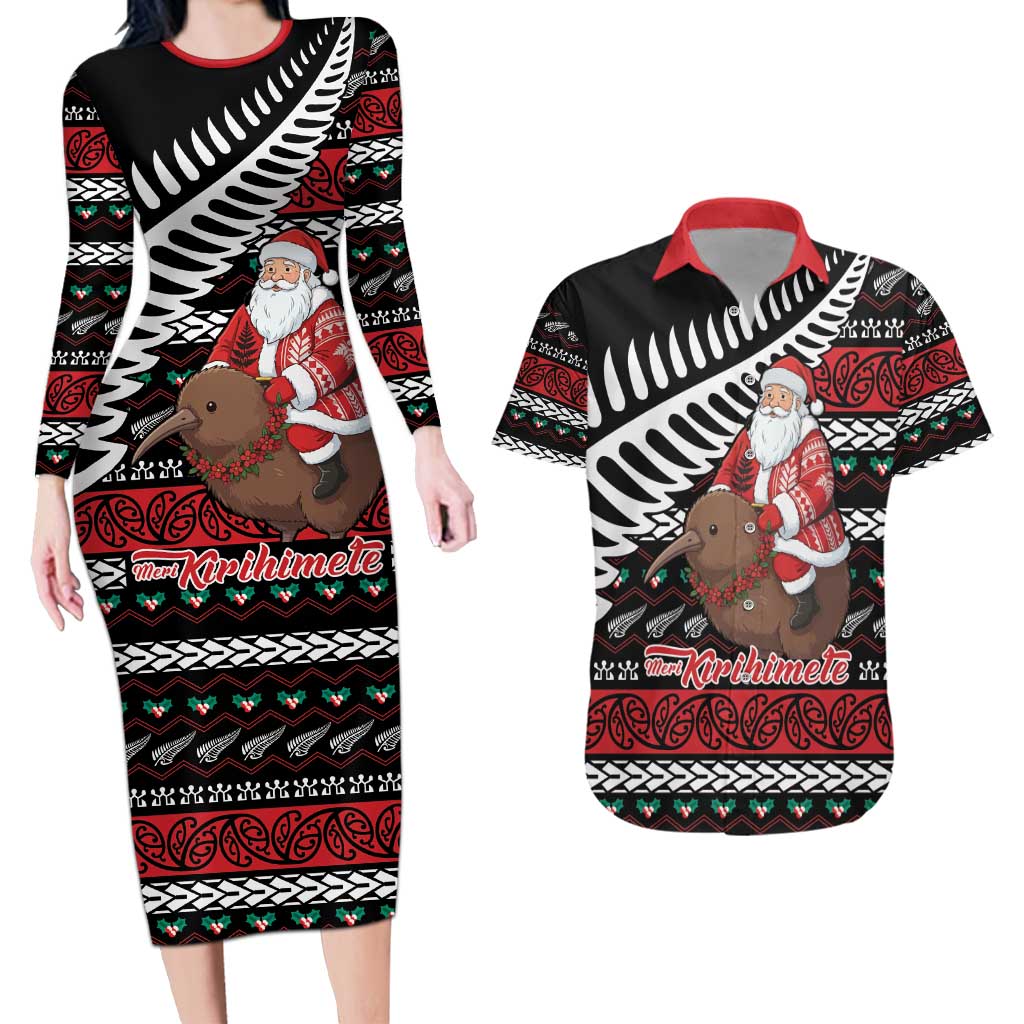 New Zealand Kiwi Santa Christmas Couples Matching Long Sleeve Bodycon Dress and Hawaiian Shirt He Wairua Kirihimete - Aussie Hoodie