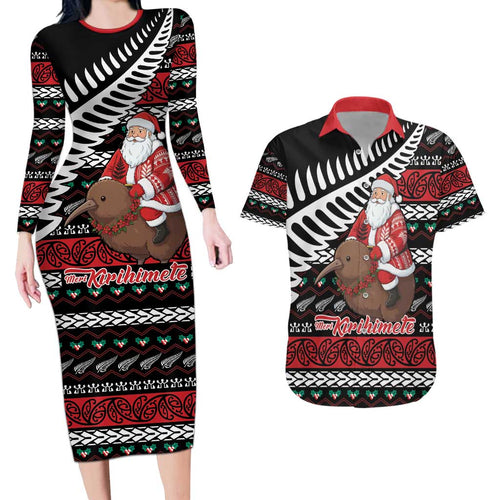 New Zealand Kiwi Santa Christmas Couples Matching Long Sleeve Bodycon Dress and Hawaiian Shirt He Wairua Kirihimete - Aussie Hoodie