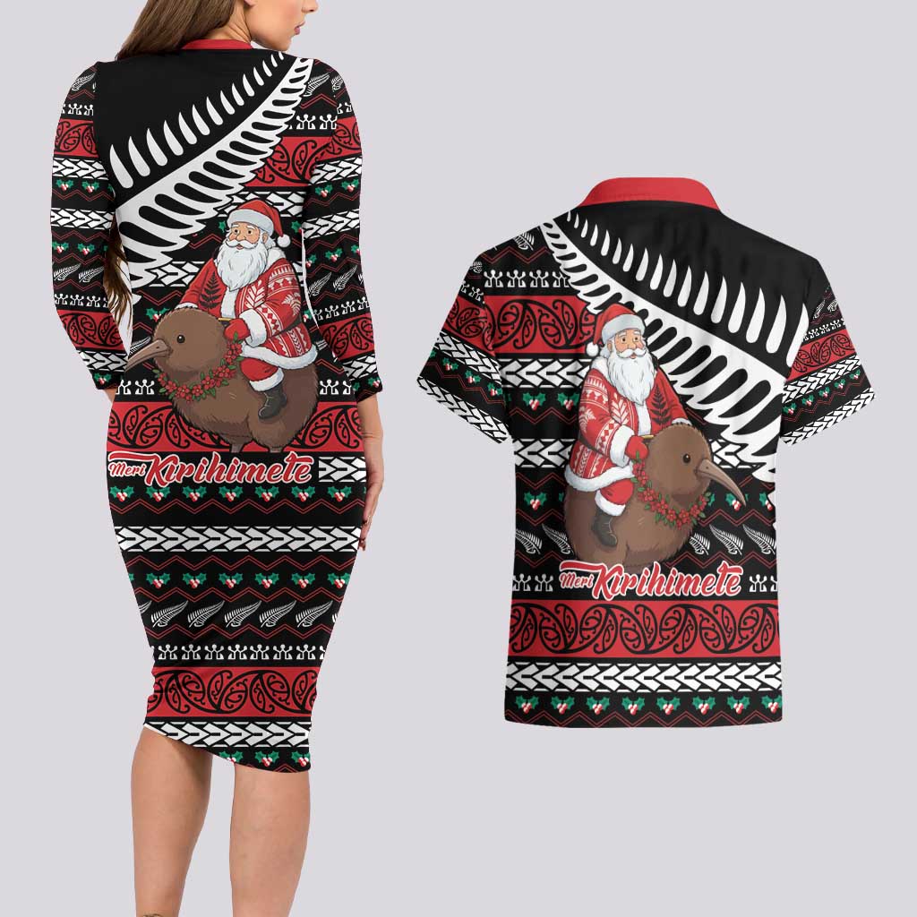 New Zealand Kiwi Santa Christmas Couples Matching Long Sleeve Bodycon Dress and Hawaiian Shirt He Wairua Kirihimete - Aussie Hoodie