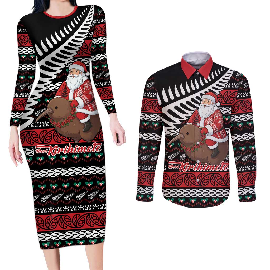 New Zealand Kiwi Santa Christmas Couples Matching Long Sleeve Bodycon Dress and Long Sleeve Button Shirt He Wairua Kirihimete - Aussie Hoodie