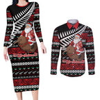 New Zealand Kiwi Santa Christmas Couples Matching Long Sleeve Bodycon Dress and Long Sleeve Button Shirt He Wairua Kirihimete - Aussie Hoodie
